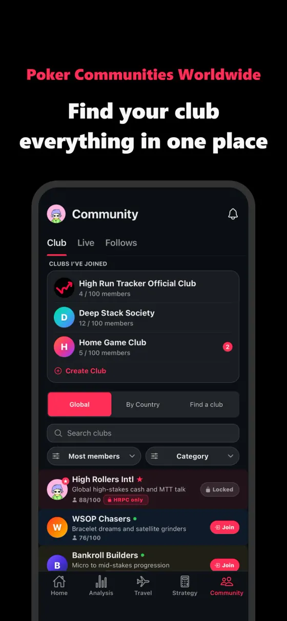 Poker clubs worldwide with member counts and join requests