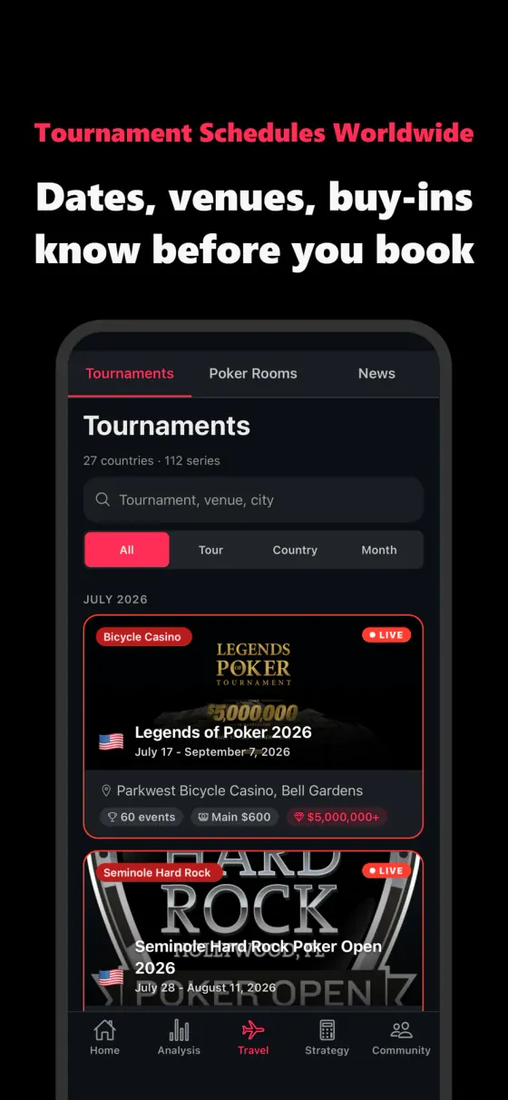 Tournament schedules worldwide with dates, venues and buy-ins